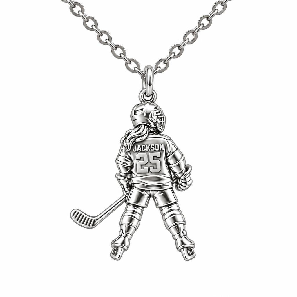 On The Ice Female Hockey Player Charm Necklace Set – silver, front view