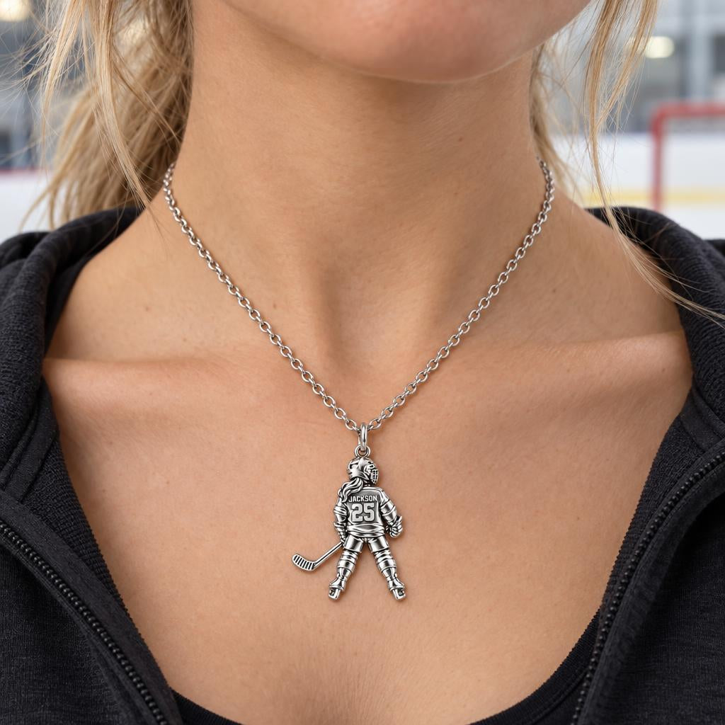 On The Ice Female Hockey Player Charm Necklace Set – worn / in use