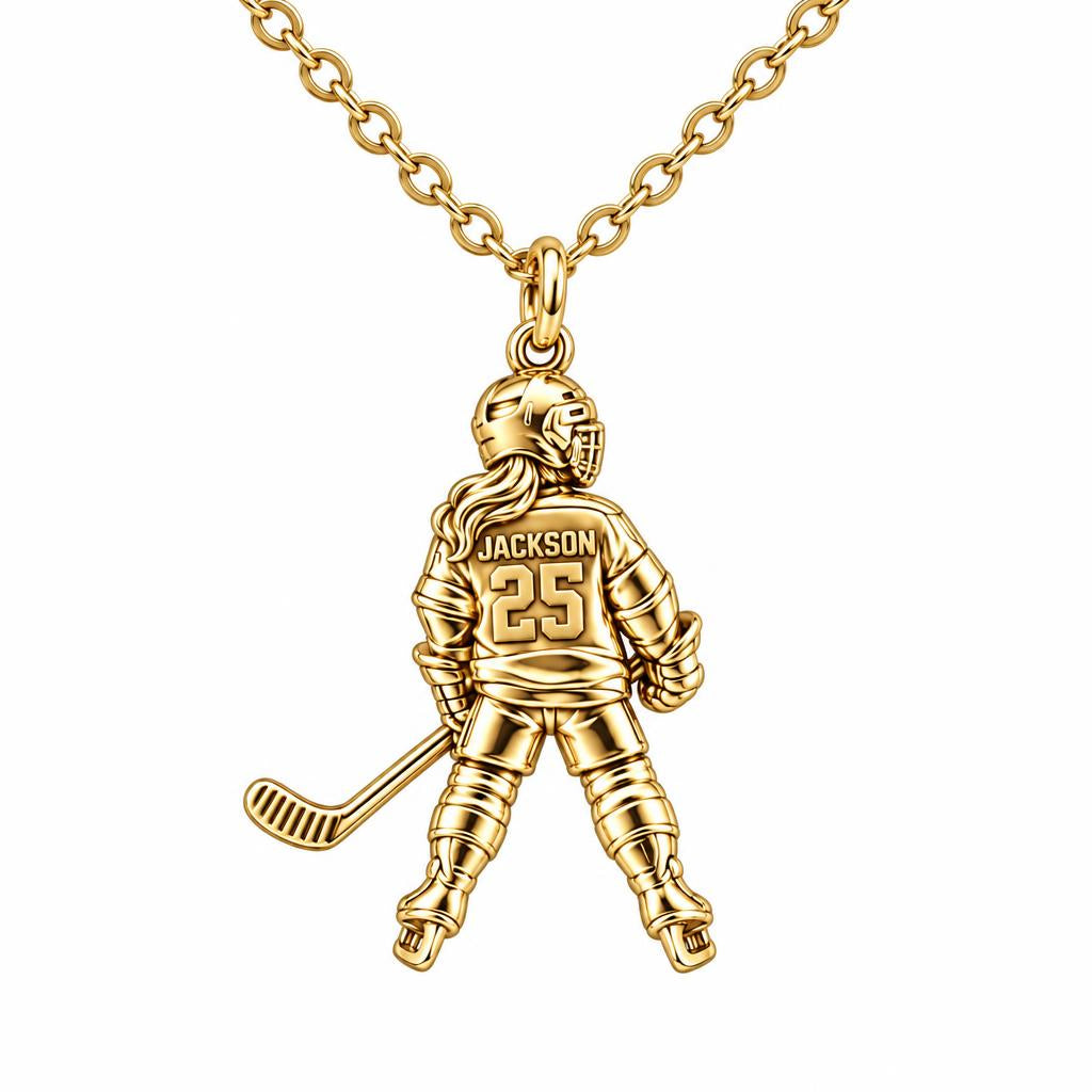 On The Ice Female Hockey Player Charm Necklace Set – 18K gold, front view