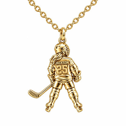 On The Ice Female Hockey Player Charm Necklace Set – 18K gold, front view