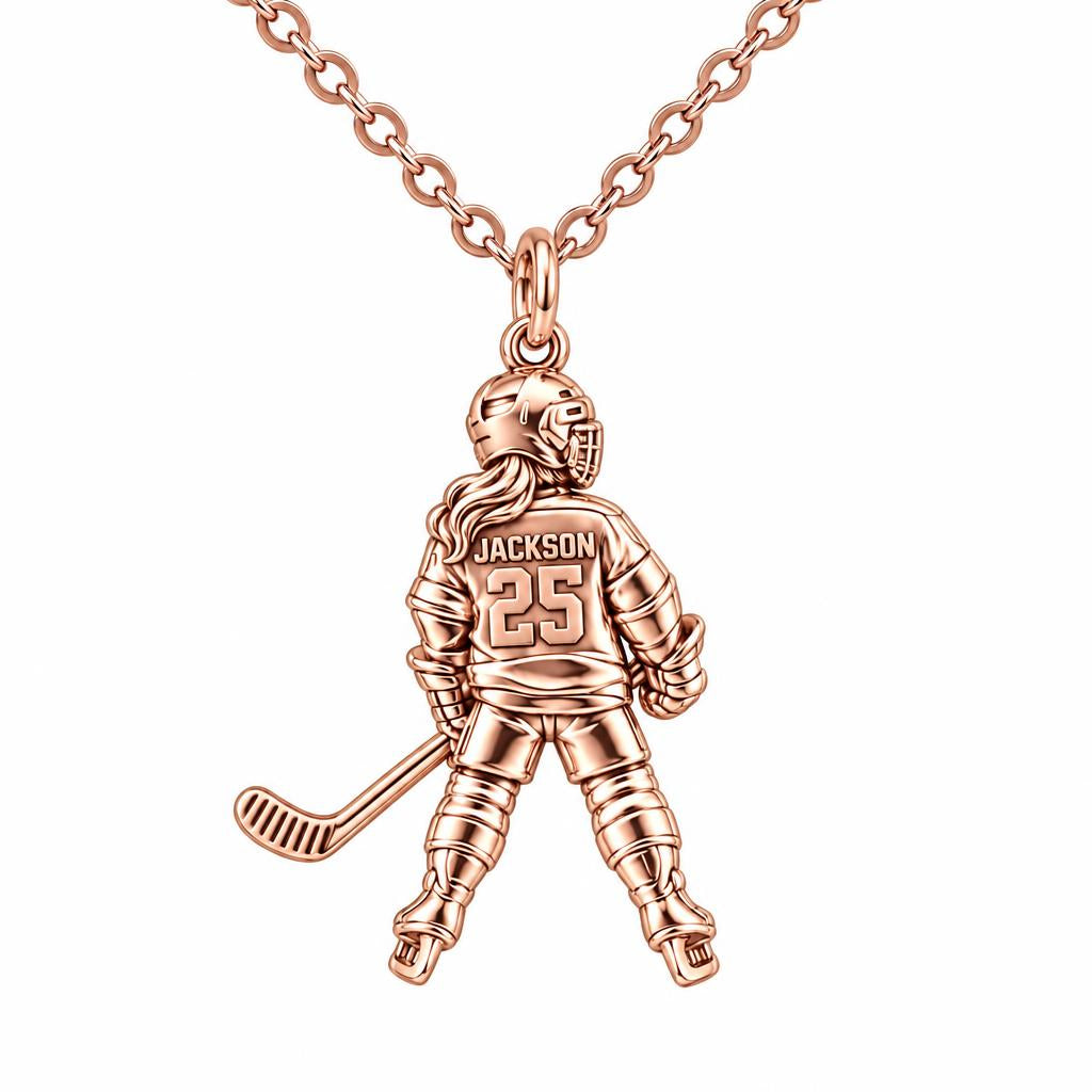 On The Ice Female Hockey Player Charm Necklace Set – rose gold, front view