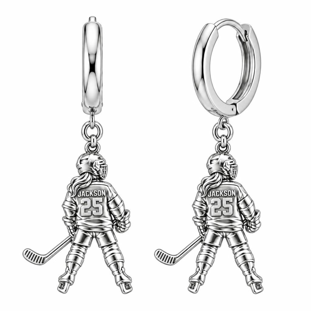 On The Ice Female Hockey Player Huggie Charm Earrings – silver, front view