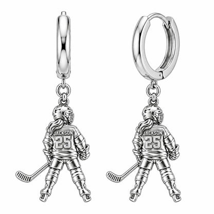 On The Ice Female Hockey Player Huggie Charm Earrings – silver, front view