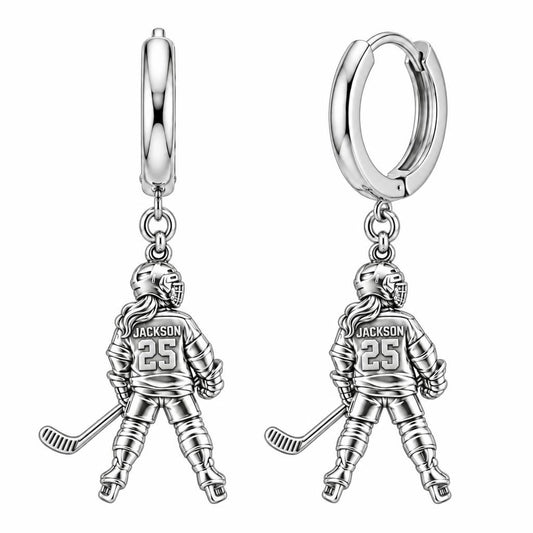 On The Ice Female Hockey Player Huggie Charm Earrings – silver, front view