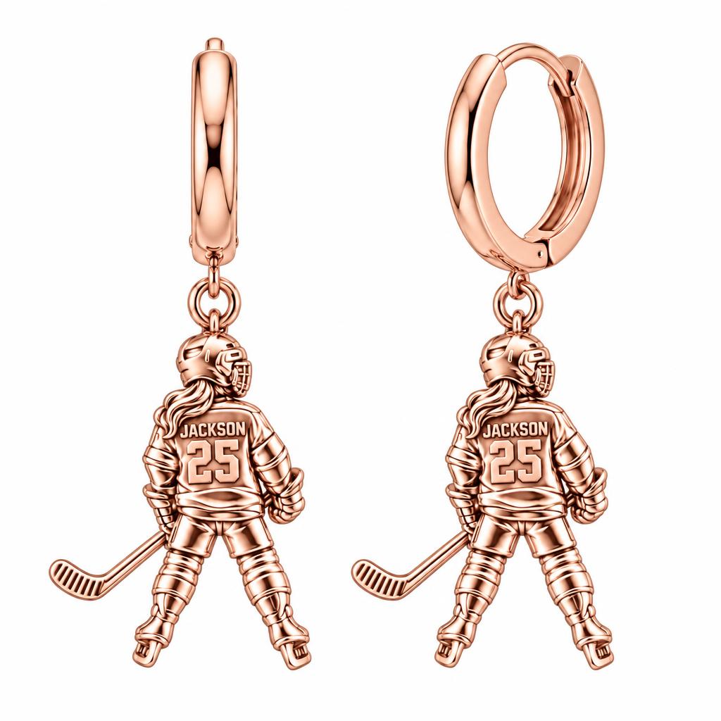 On The Ice Female Hockey Player Huggie Charm Earrings – rose gold, front view