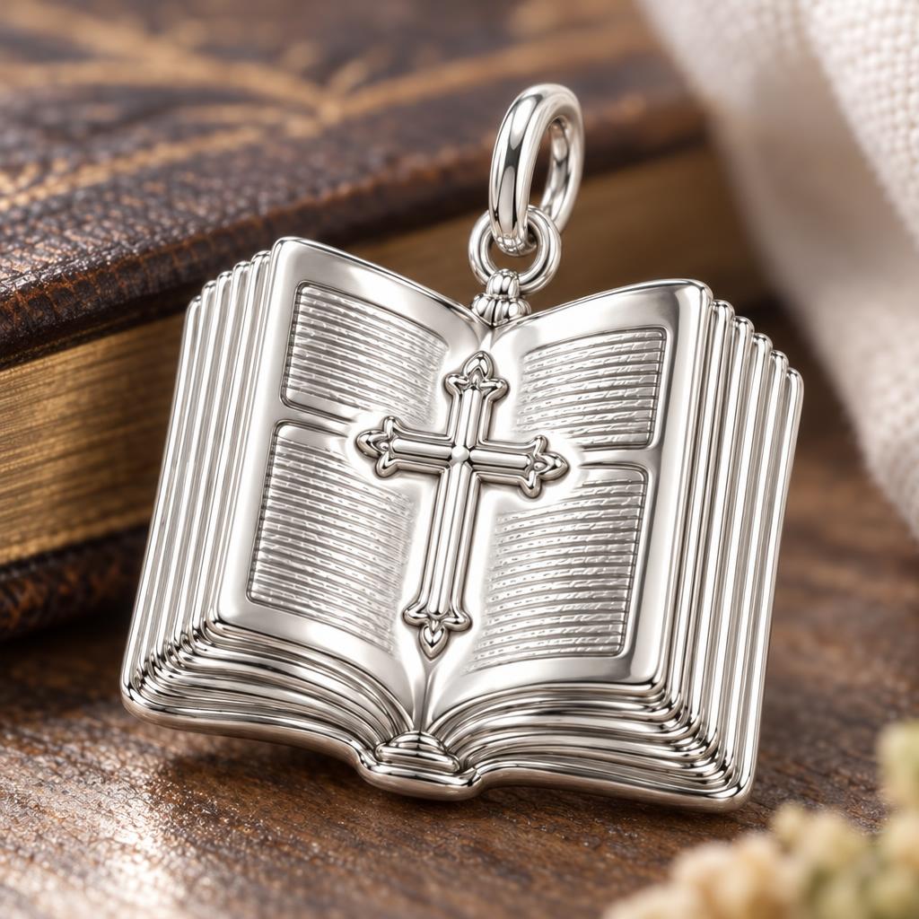 Open Bible Grace Charm Bracelet – Personalized Priest Gift – macro detail of the charm