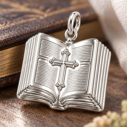 Open Bible Grace Charm Bracelet – Personalized Priest Gift – macro detail of the charm