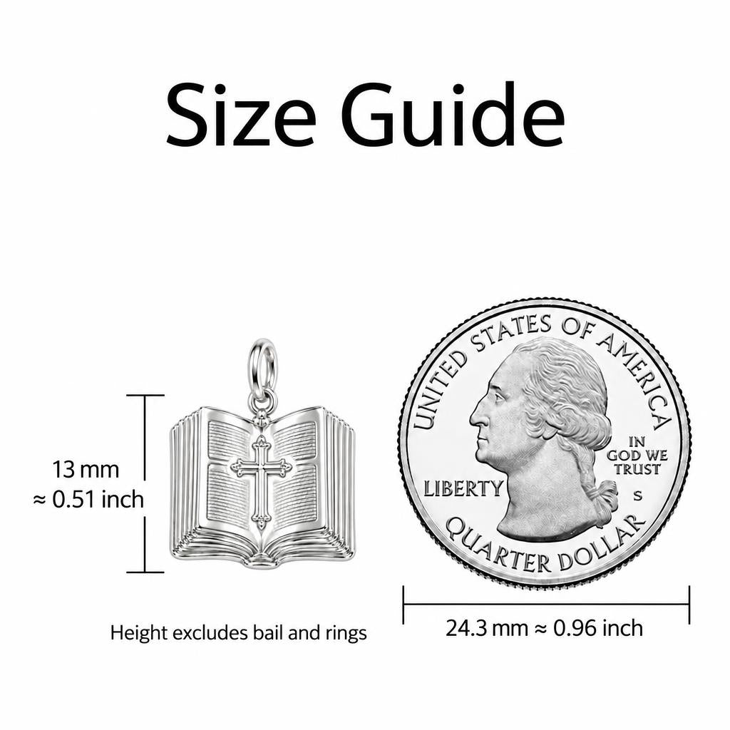 Open Bible Grace Charm Bracelet – Personalized Priest Gift – size guide, 13 mm charm next to a quarter