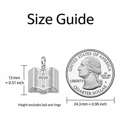 Open Bible Grace Charm Bracelet – Personalized Priest Gift – size guide, 13 mm charm next to a quarter