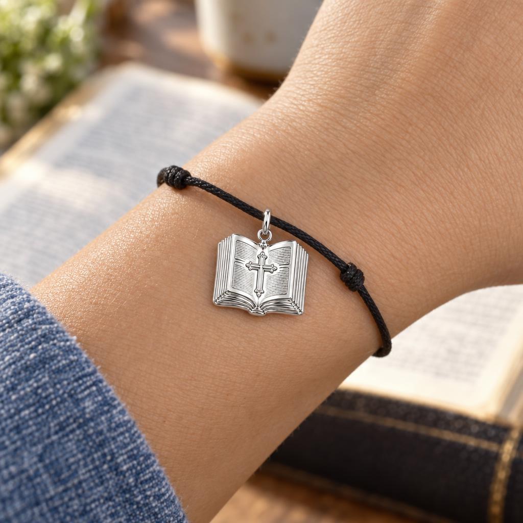 Open Bible Grace Charm Bracelet – Personalized Priest Gift – worn on the wrist on a black cord bracelet