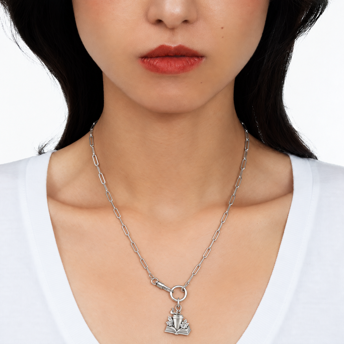 Open Book and Large Coffee Cup Charm — Silver jewelry styling illustration; chain or bracelet not included — 50-works-silver-20260916-6