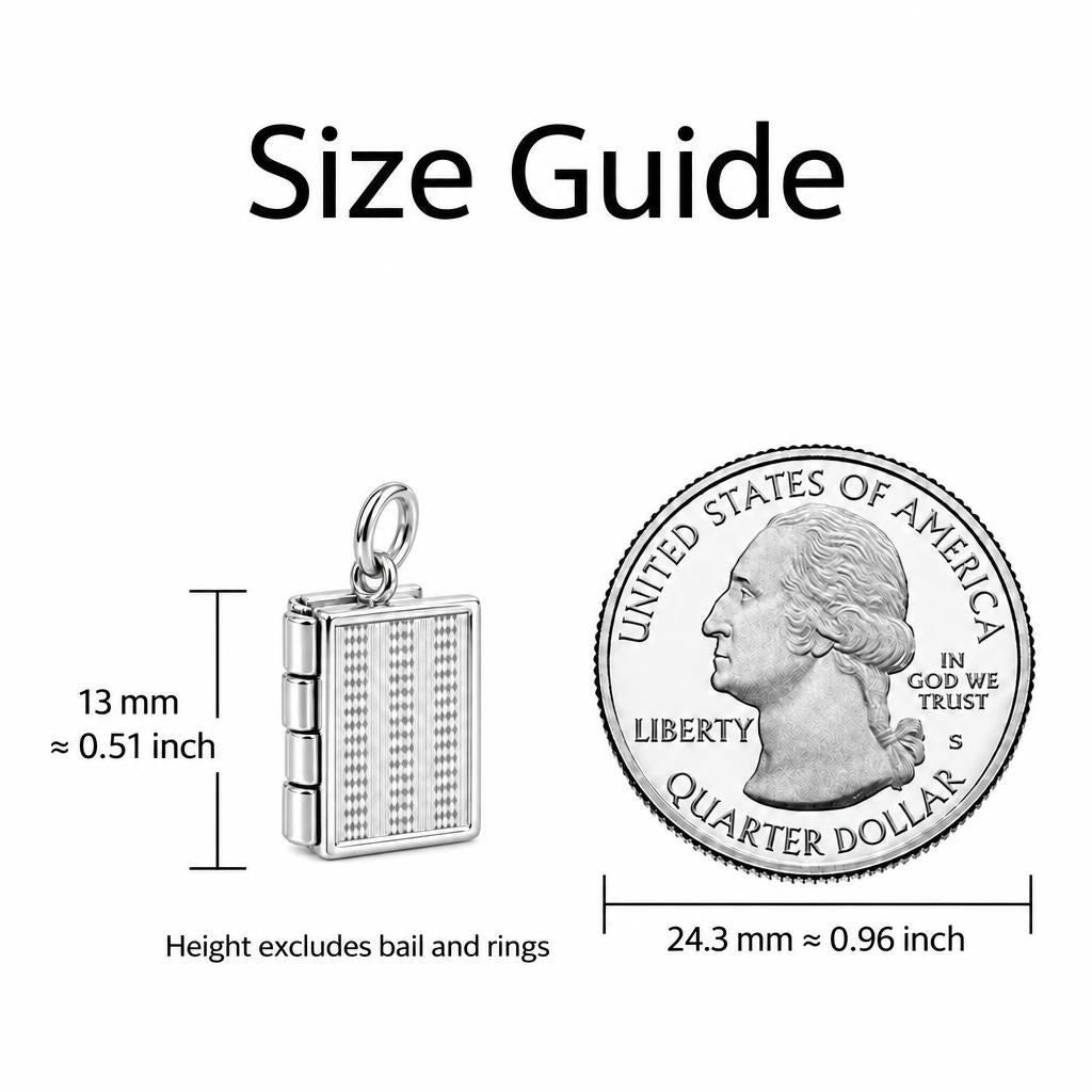 Open Book Locket Charm Bracelet – Personalized Book Mom Gift – size guide, 13 mm charm next to a quarter
