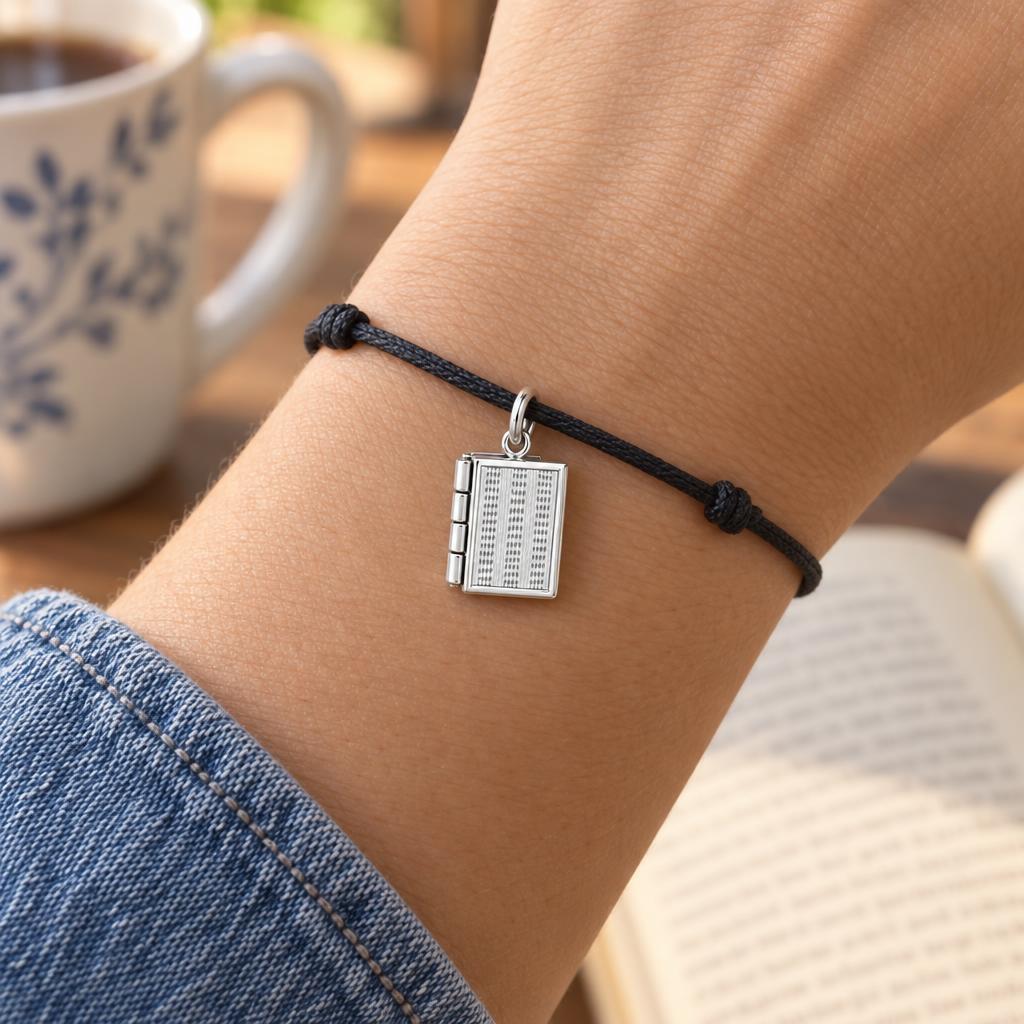 Open Book Locket Charm Bracelet – Personalized Book Mom Gift – worn on the wrist on a black cord bracelet