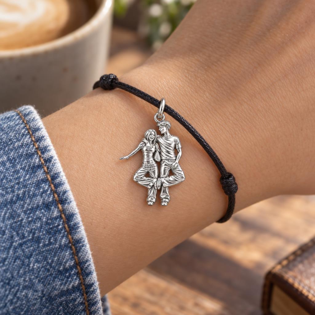 Opposite-Sex Best Friends Silhouette Charm Bracelet – Personalized Bestie Gift – worn on the wrist on a black cord bracelet