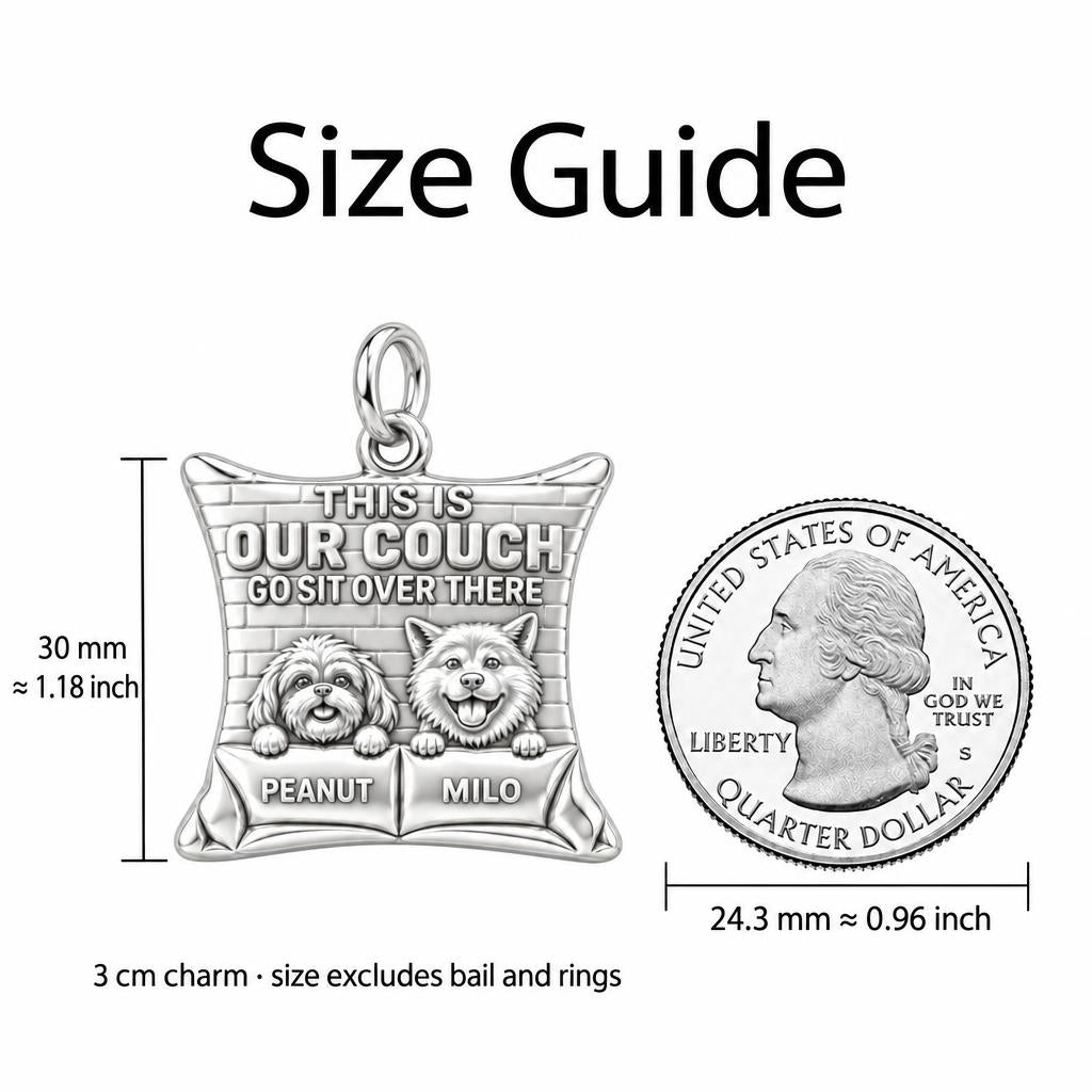 Our Couch Dog Life Charm Bracelet – Personalized Dog Mom Gift – size guide, 3 cm charm next to a quarter