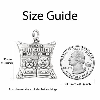 Our Couch Dog Life Charm Bracelet – Personalized Dog Mom Gift – size guide, 3 cm charm next to a quarter