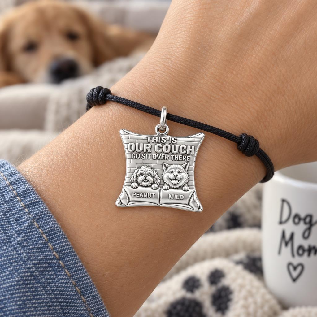 Our Couch Dog Life Charm Bracelet – Personalized Dog Mom Gift – worn on the wrist on a black cord bracelet
