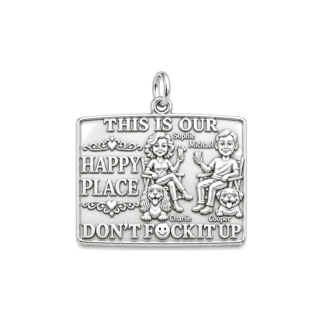 Our Happy Place Charm Bracelet – Personalized Couple Gift – silver plated 3 cm charm, front view