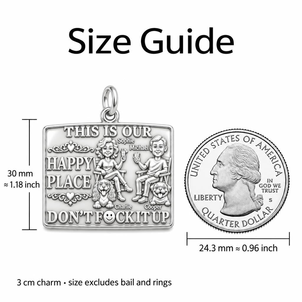 Our Happy Place Charm Bracelet – Personalized Couple Gift – size guide, 3 cm charm next to a quarter