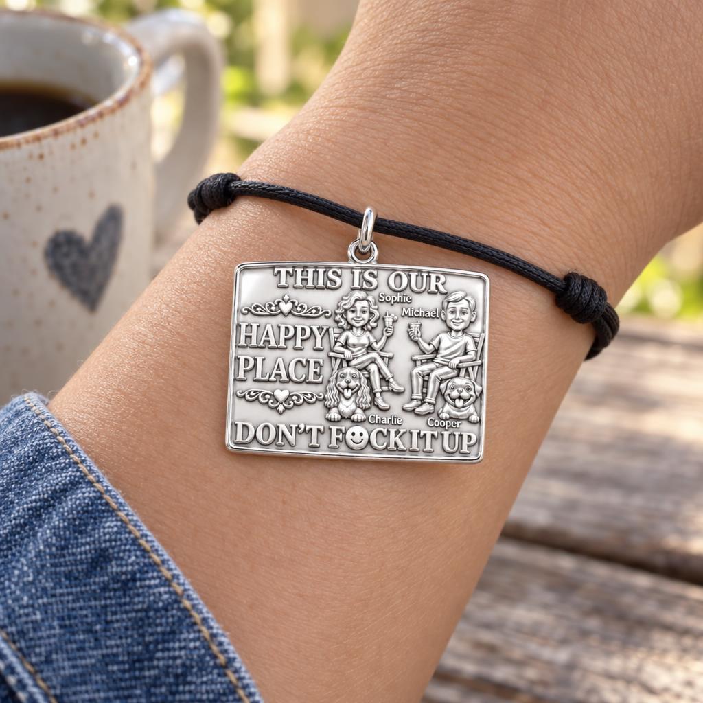 Our Happy Place Charm Bracelet – Personalized Couple Gift – worn on the wrist on a black cord bracelet