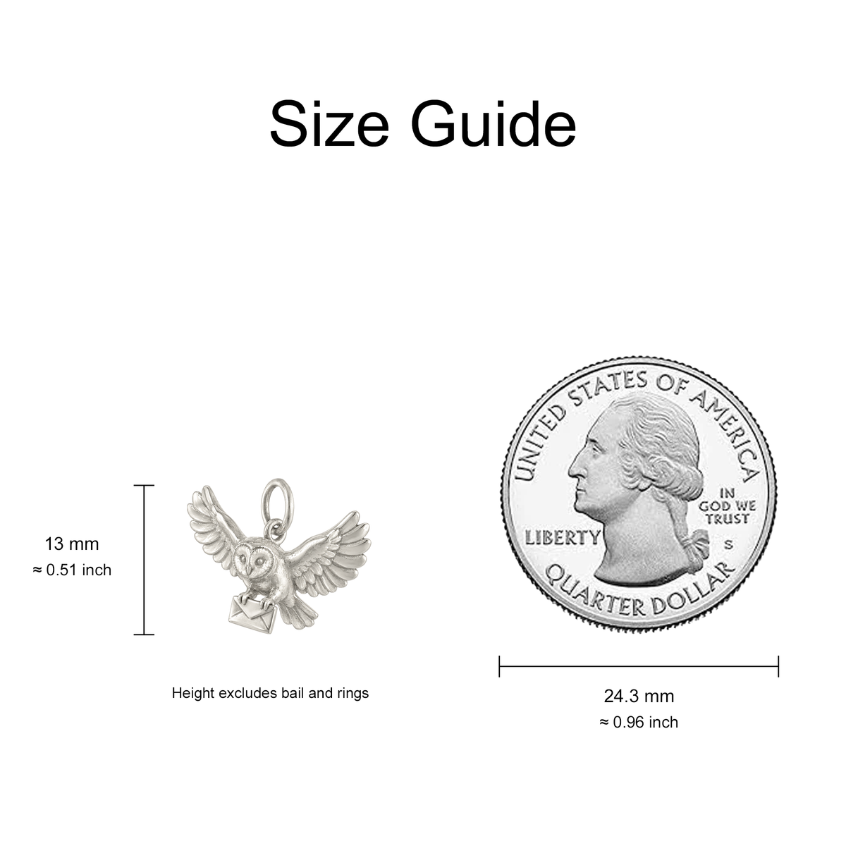 Owl Carrying a Letter Charm — Size Guide — 13 mm body excluding bail and rings — 50-works-silver-20260916-66
