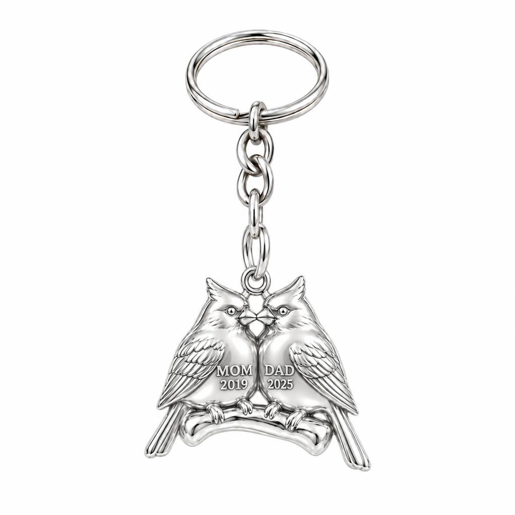 Pair of Cardinals on a Branch Charm Keychain – silver, front view