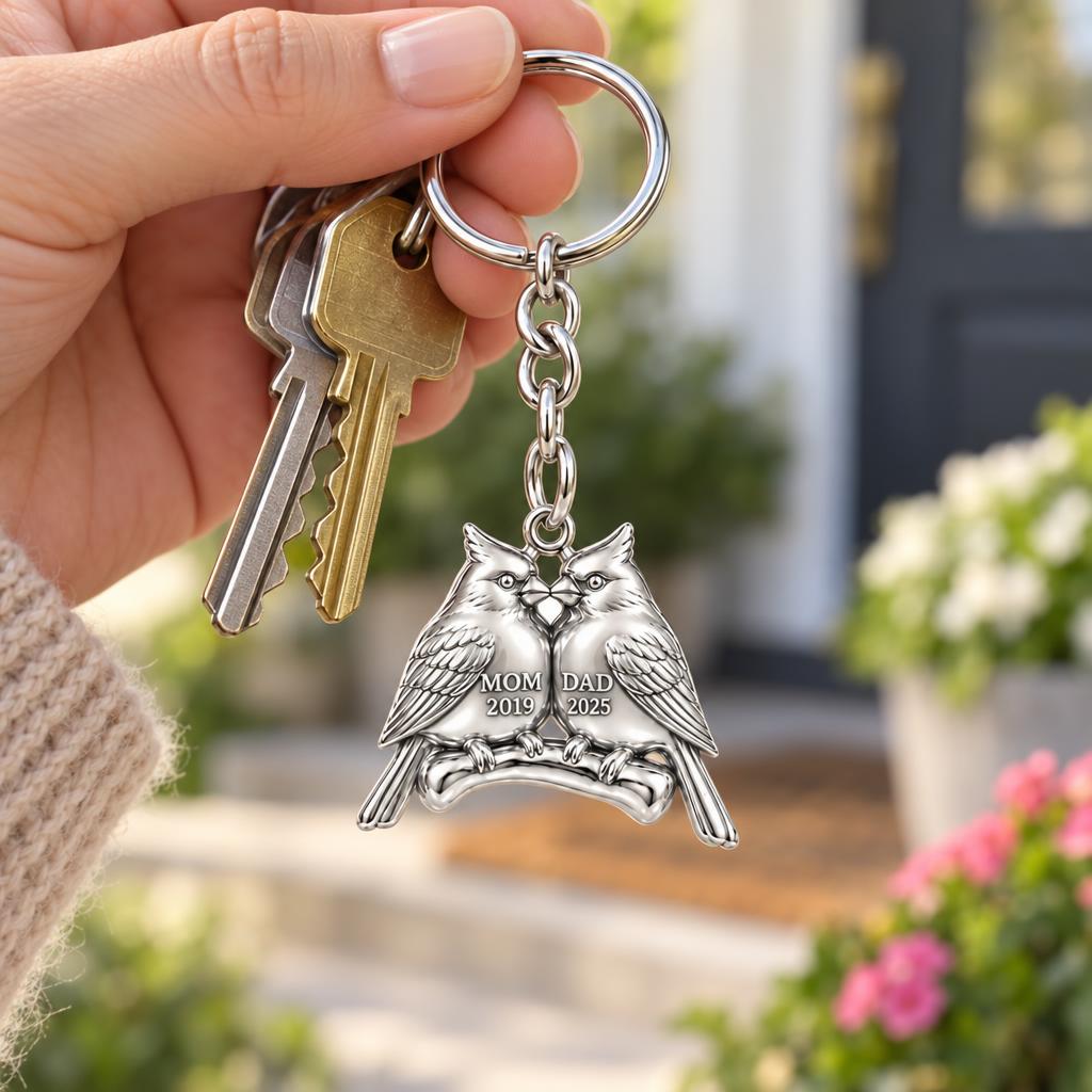 Pair of Cardinals on a Branch Charm Keychain – worn / in use
