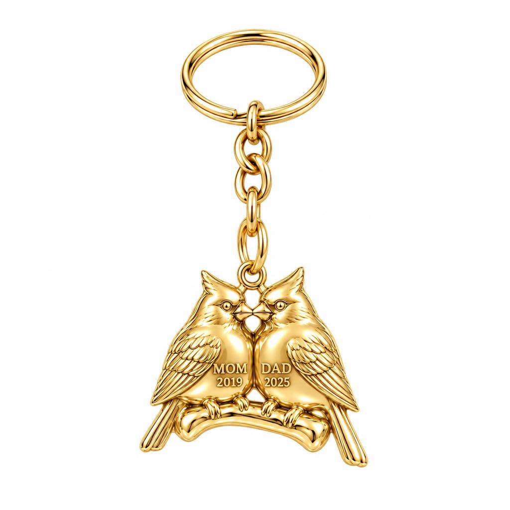 Pair of Cardinals on a Branch Charm Keychain – 18K gold, front view