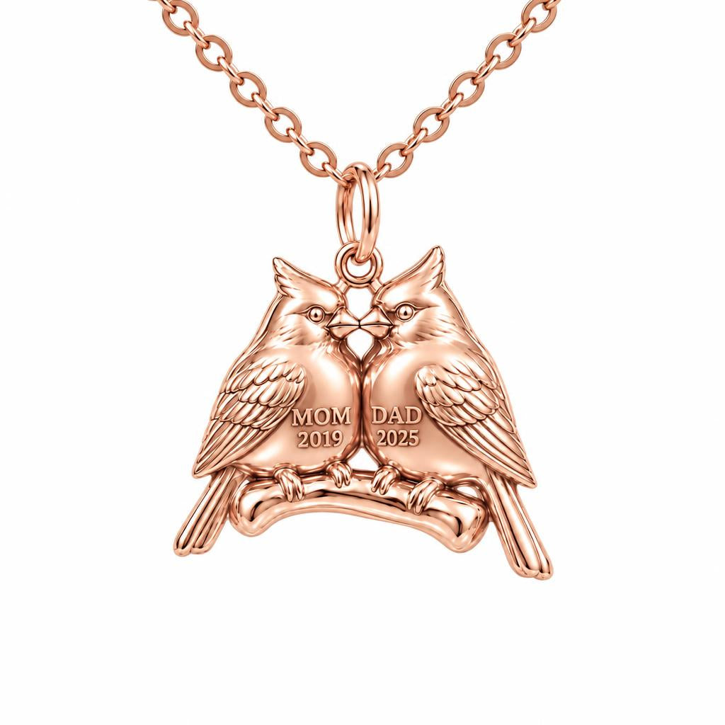 Pair of Cardinals on a Branch Charm Necklace Set – rose gold, front view