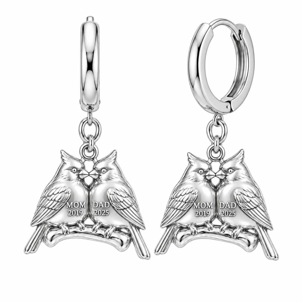 Pair of Cardinals on a Branch Huggie Charm Earrings – silver, front view
