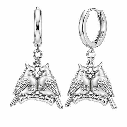 Pair of Cardinals on a Branch Huggie Charm Earrings – silver, front view