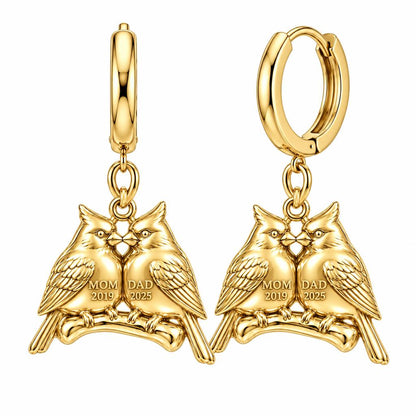 Pair of Cardinals on a Branch Huggie Charm Earrings – 18K gold, front view