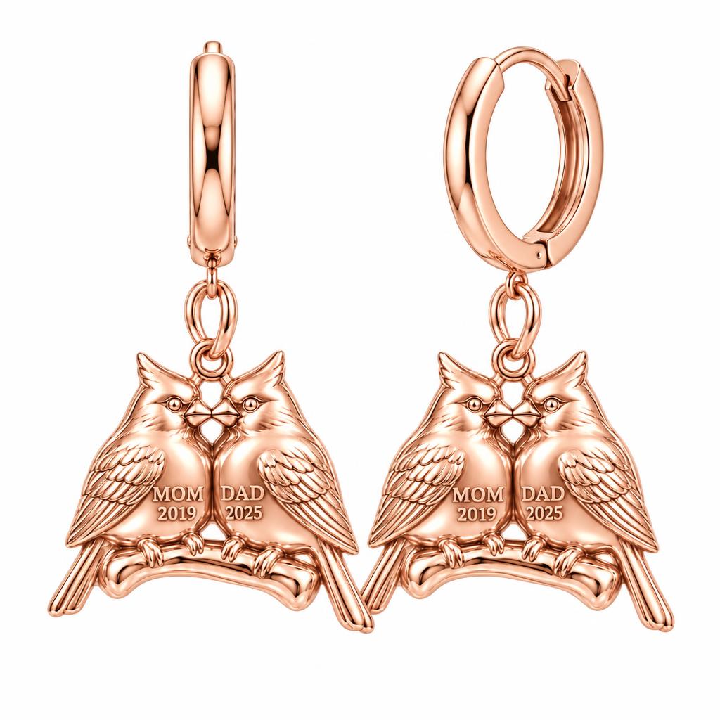 Pair of Cardinals on a Branch Huggie Charm Earrings – rose gold, front view