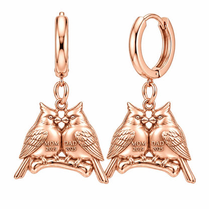 Pair of Cardinals on a Branch Huggie Charm Earrings – rose gold, front view