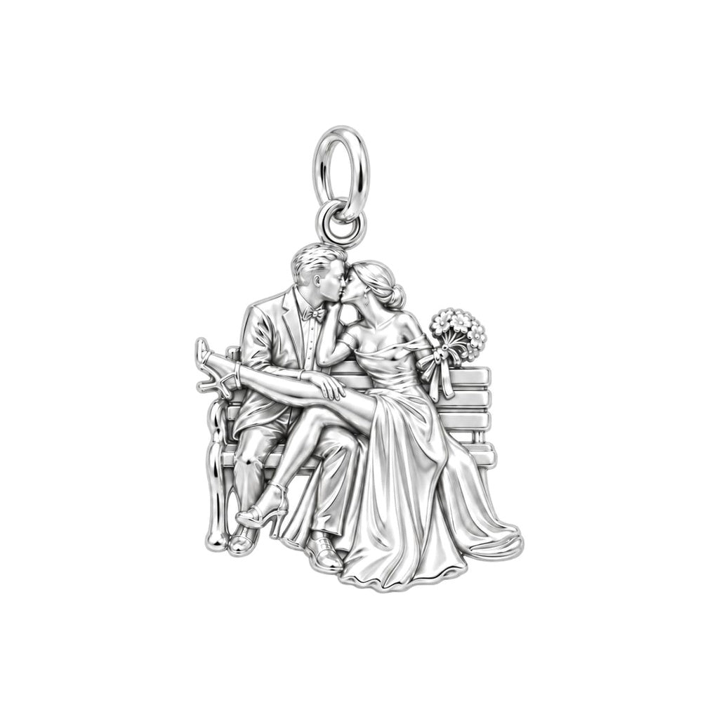 Park Bench Wedding Kiss Charm Bracelet – Personalized Couple Gift – silver charm, front view