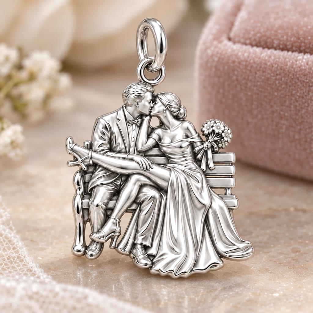 Park Bench Wedding Kiss Charm Bracelet – Personalized Couple Gift – macro detail of the charm
