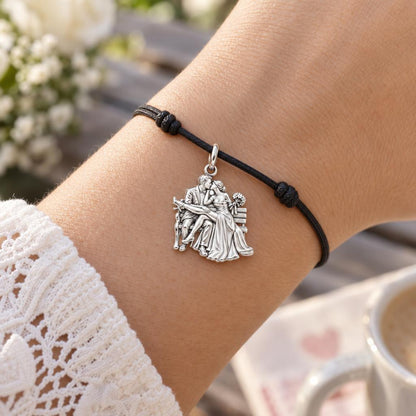 Park Bench Wedding Kiss Charm Bracelet – Personalized Couple Gift – worn on the wrist on a black cord bracelet