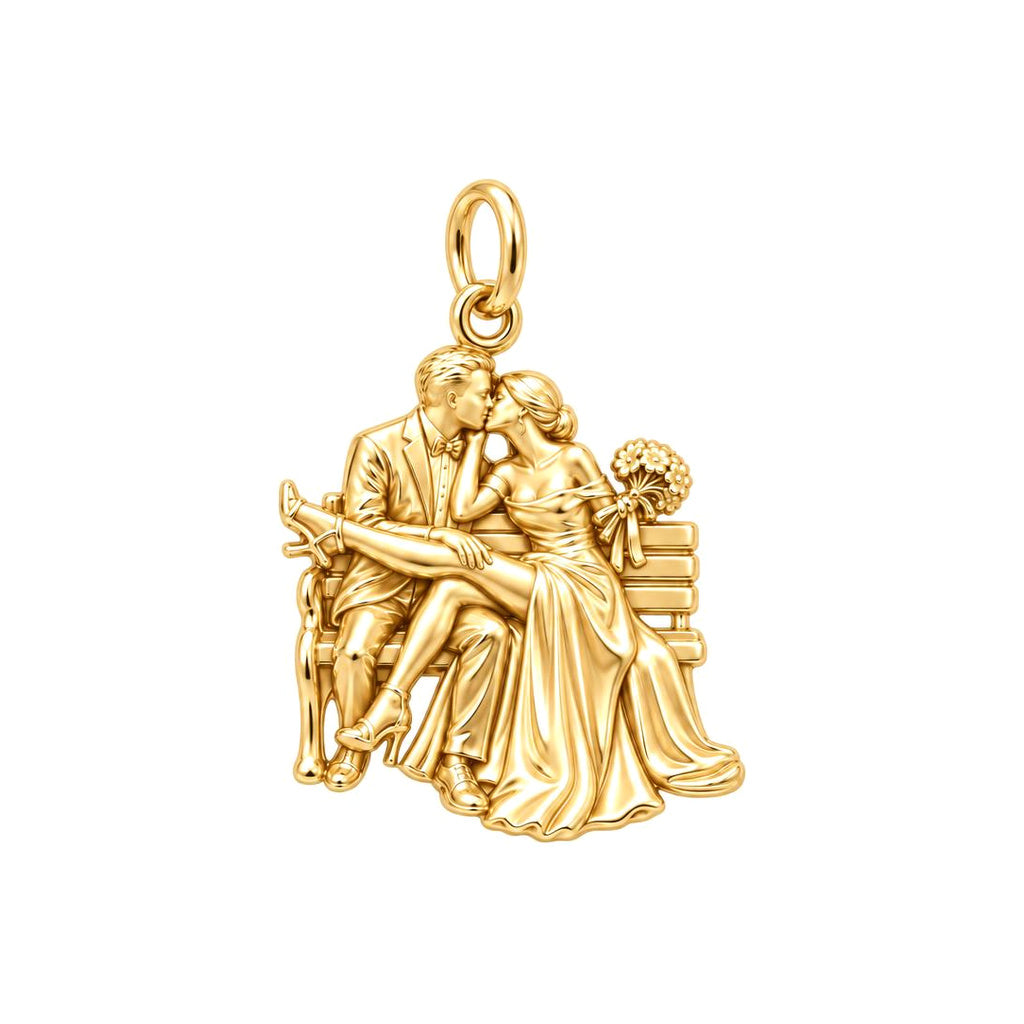Park Bench Wedding Kiss Charm Bracelet – Personalized Couple Gift – 18K gold charm, front view