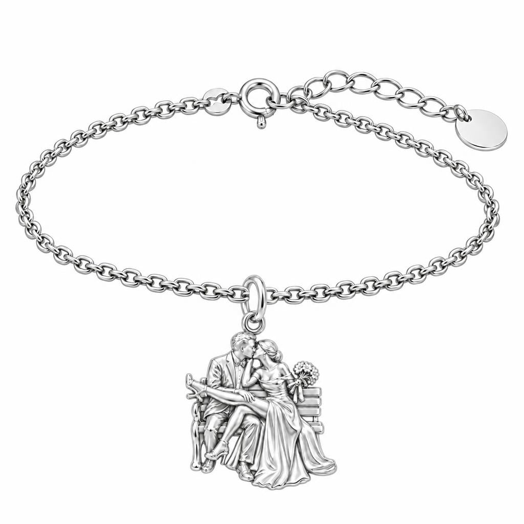 Park Bench Wedding Kiss Charm Bracelet Set – silver, front view