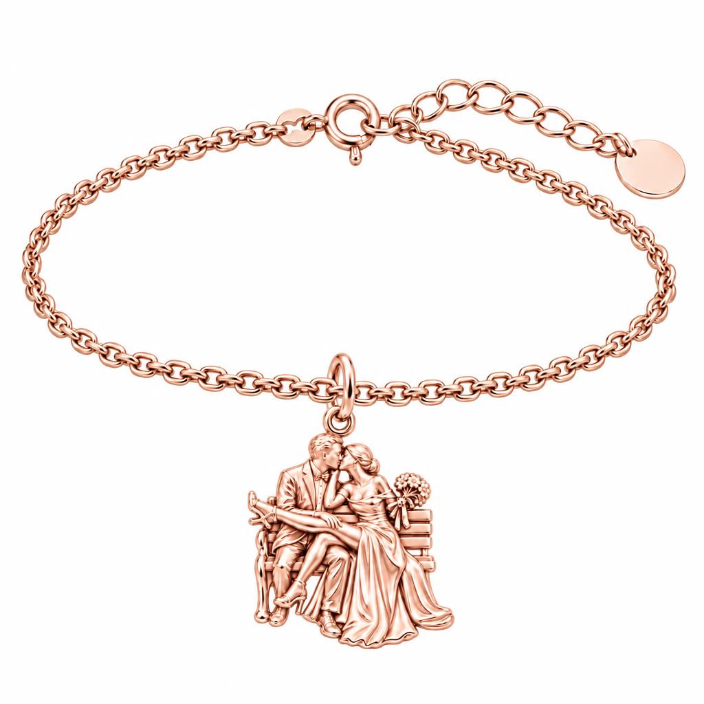 Park Bench Wedding Kiss Charm Bracelet Set – rose gold, front view