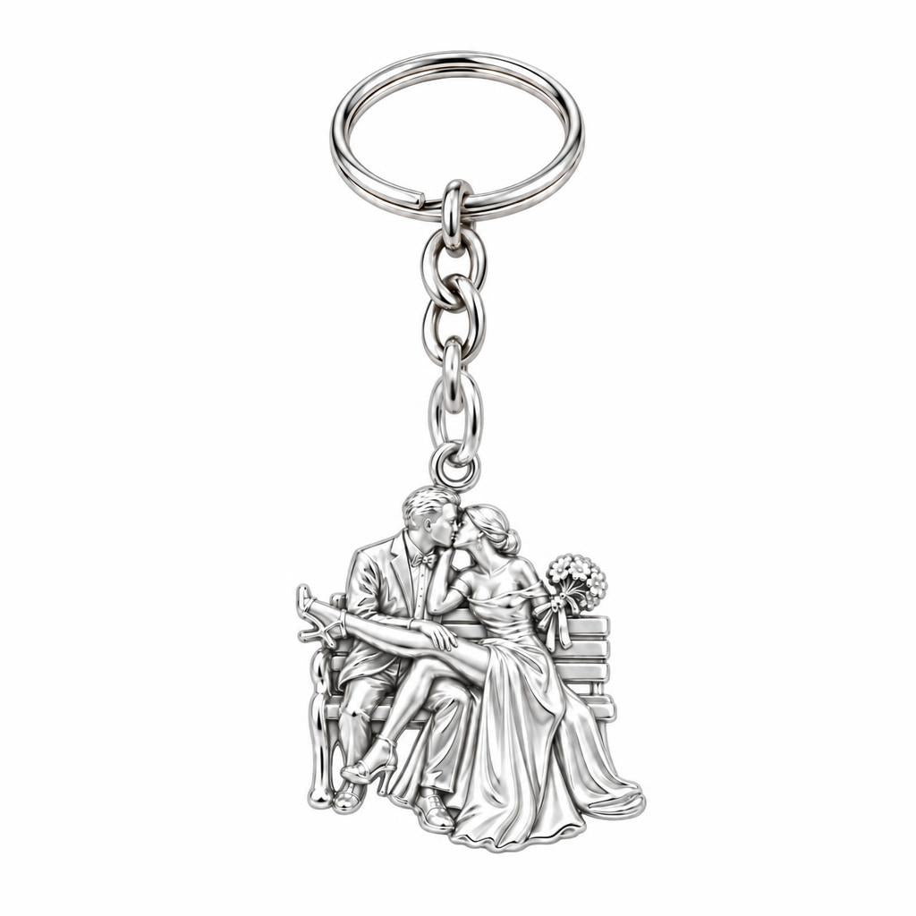 Park Bench Wedding Kiss Charm Keychain – silver, front view