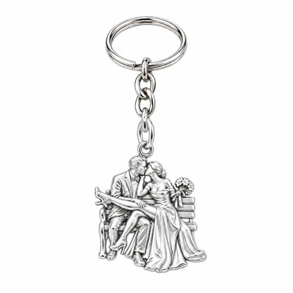 Park Bench Wedding Kiss Charm Keychain – silver, front view