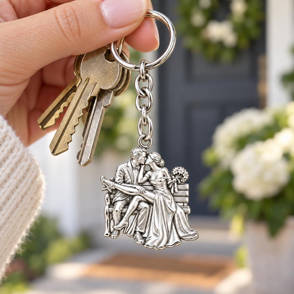 Park Bench Wedding Kiss Charm Keychain – worn / in use