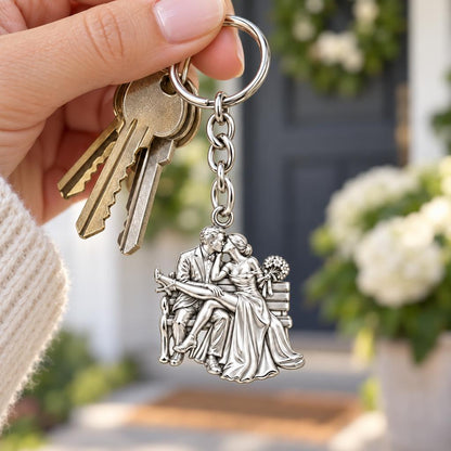 Park Bench Wedding Kiss Charm Keychain – worn / in use