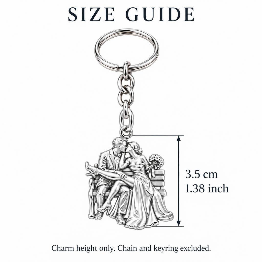Park Bench Wedding Kiss Charm Keychain – size guide, 3.5 cm (1.38 in) charm, chain and keyring excluded