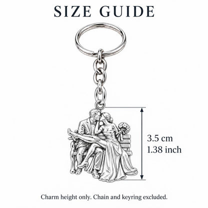 Park Bench Wedding Kiss Charm Keychain – size guide, 3.5 cm (1.38 in) charm, chain and keyring excluded