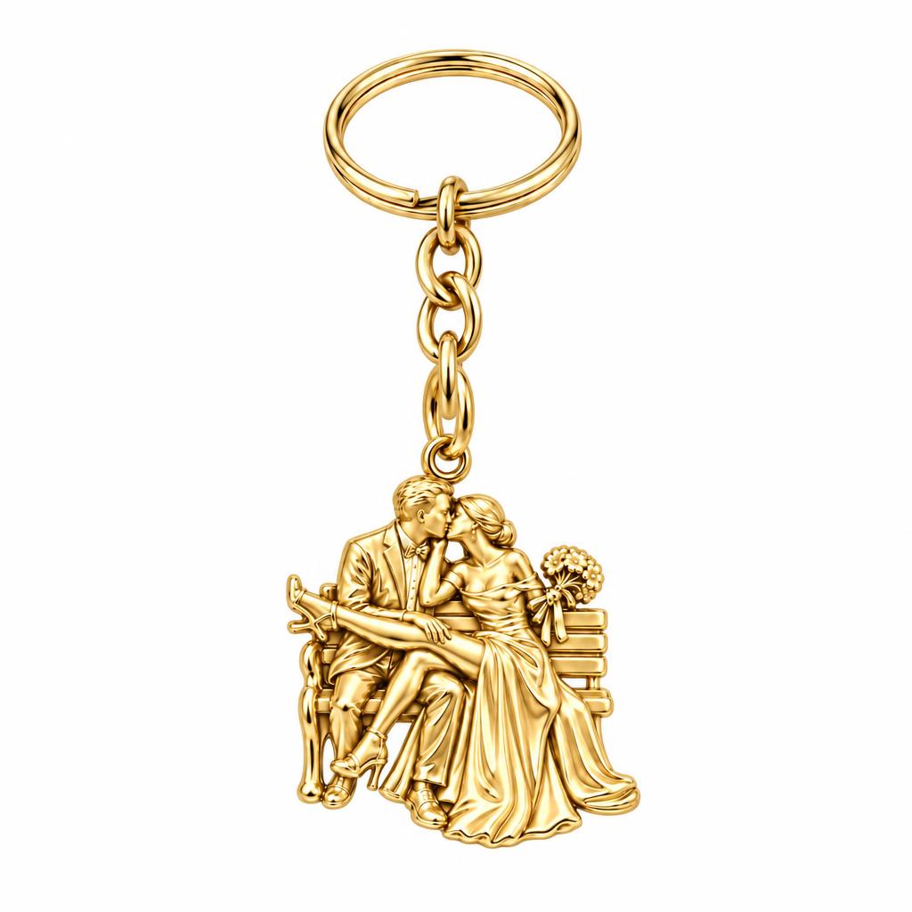 Park Bench Wedding Kiss Charm Keychain – 18K gold, front view