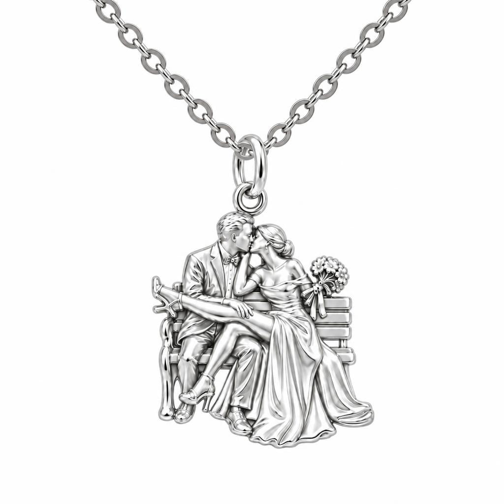 Park Bench Wedding Kiss Charm Necklace Set – silver, front view