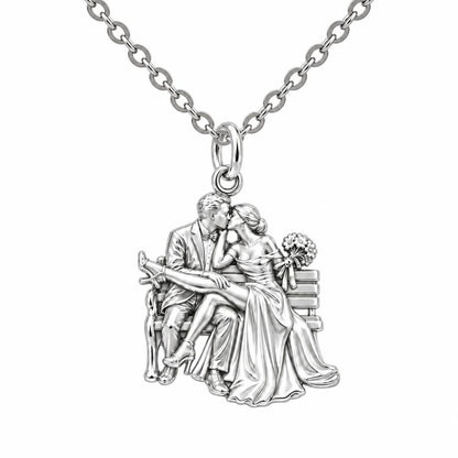 Park Bench Wedding Kiss Charm Necklace Set – silver, front view