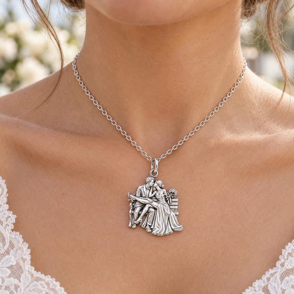 Park Bench Wedding Kiss Charm Necklace Set – worn / in use
